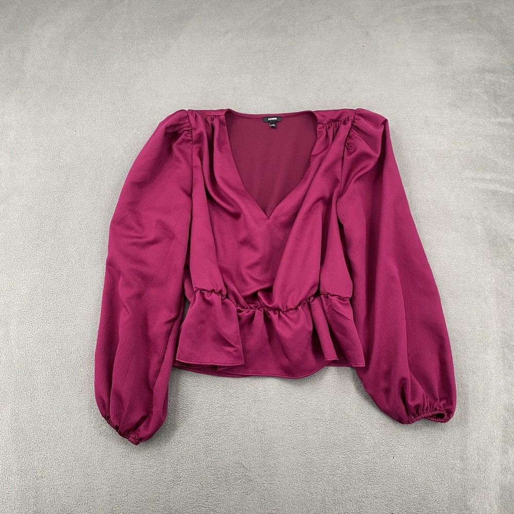 Express Womens Magenta Pink V-Neck Peplum Blouse Balloon Sleeve Top Size XS